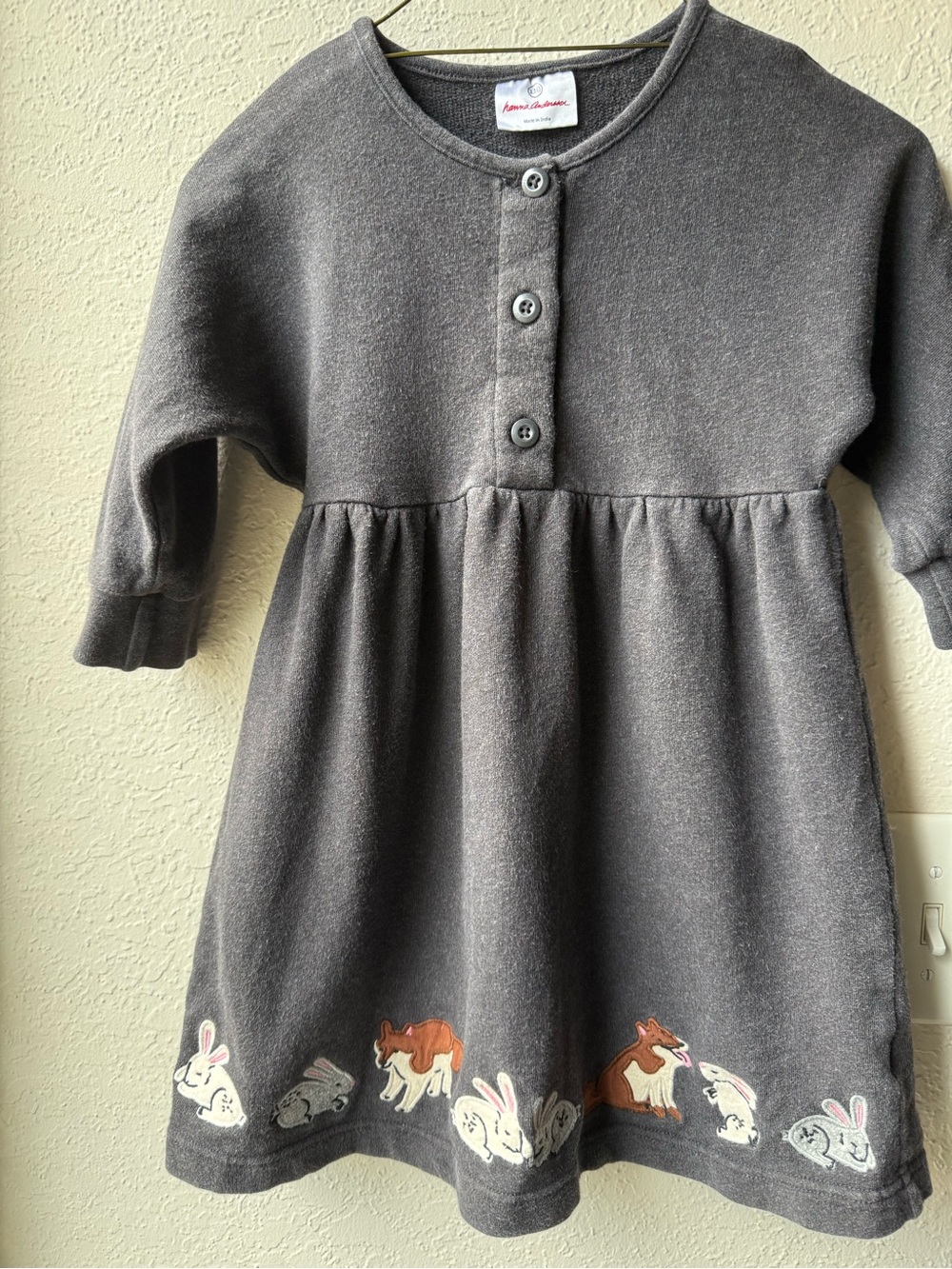 Hanna Andersson Charcoal Grey Button-Front Dress with Woodland Animal Trim